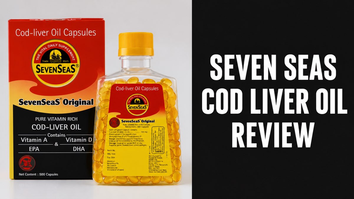 Seven Seas Cod Liver Oil capsules bottle and box next to a Seven Seas Cod Liver Oil Review headline