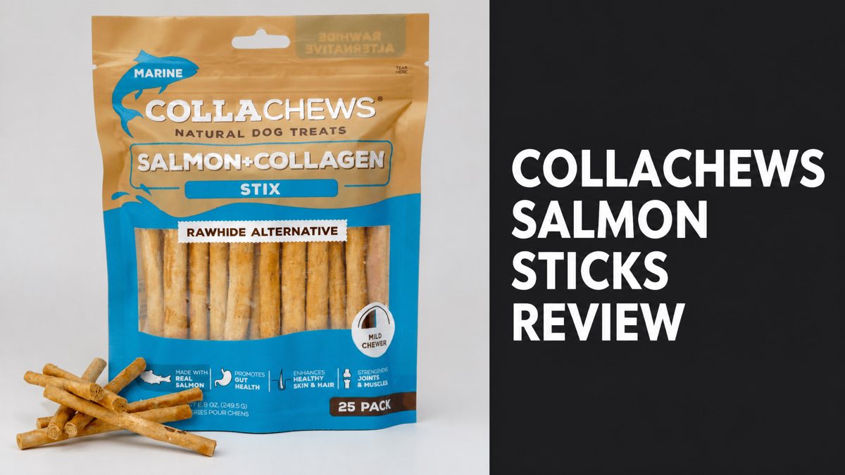 CollaChews Salmon and Collagen Sticks dog treat bag with loose sticks in front