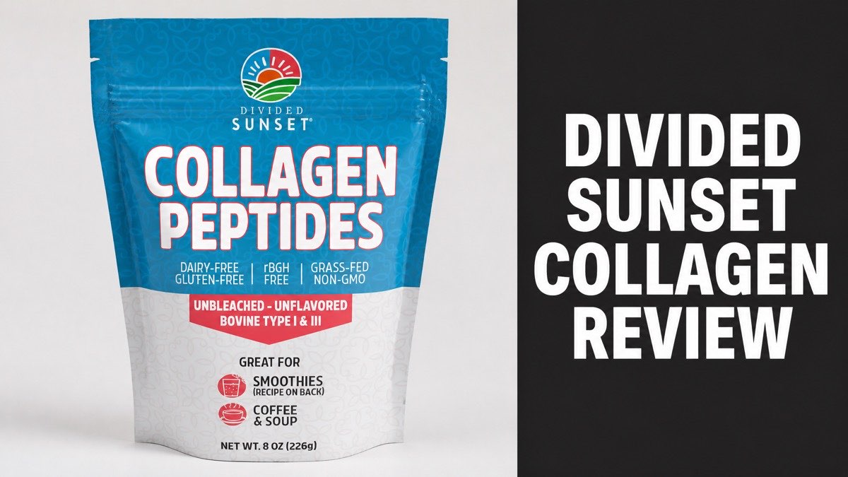 Divided Sunset Collagen Peptides bag next to a Divided Sunset Collagen Review headline